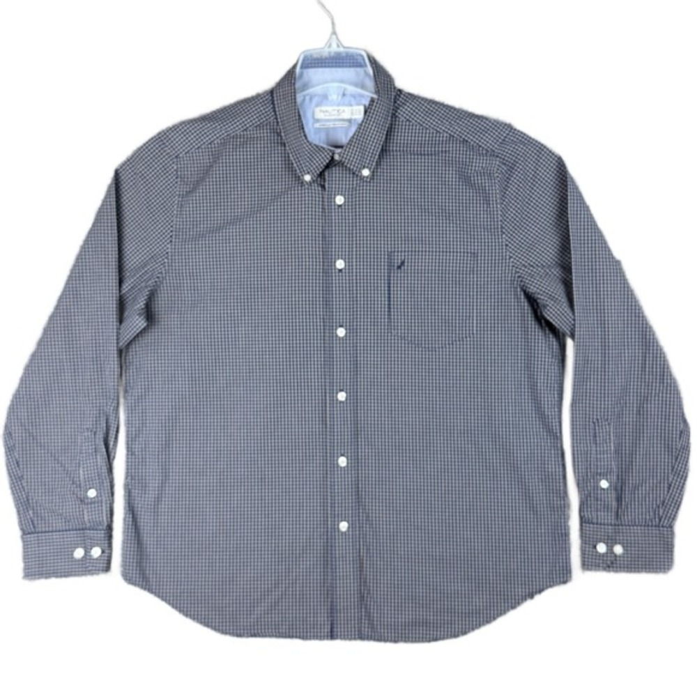Nautica Men's XL Classic Fit Blue Micro Check Wrinkle Resistant Dress Work Shirt